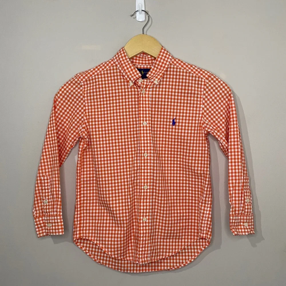 Ralph Lauren Boys Orange Gingham Check Button Down Shirt Size 6 Long Sleeve Pony